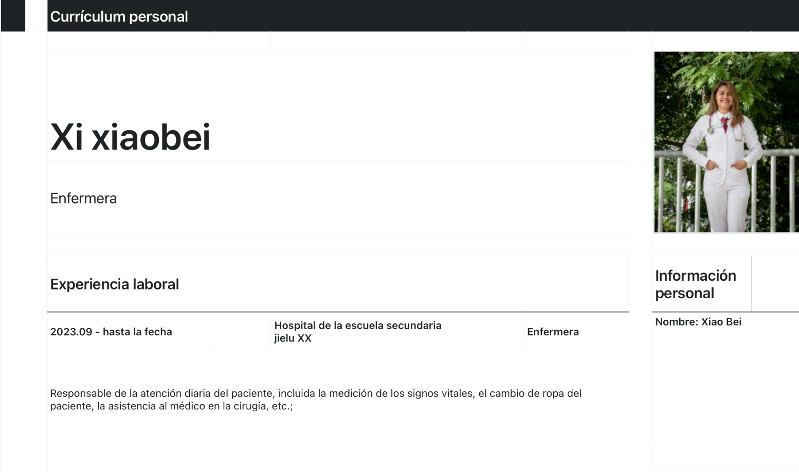 Currículum de enfermera 1